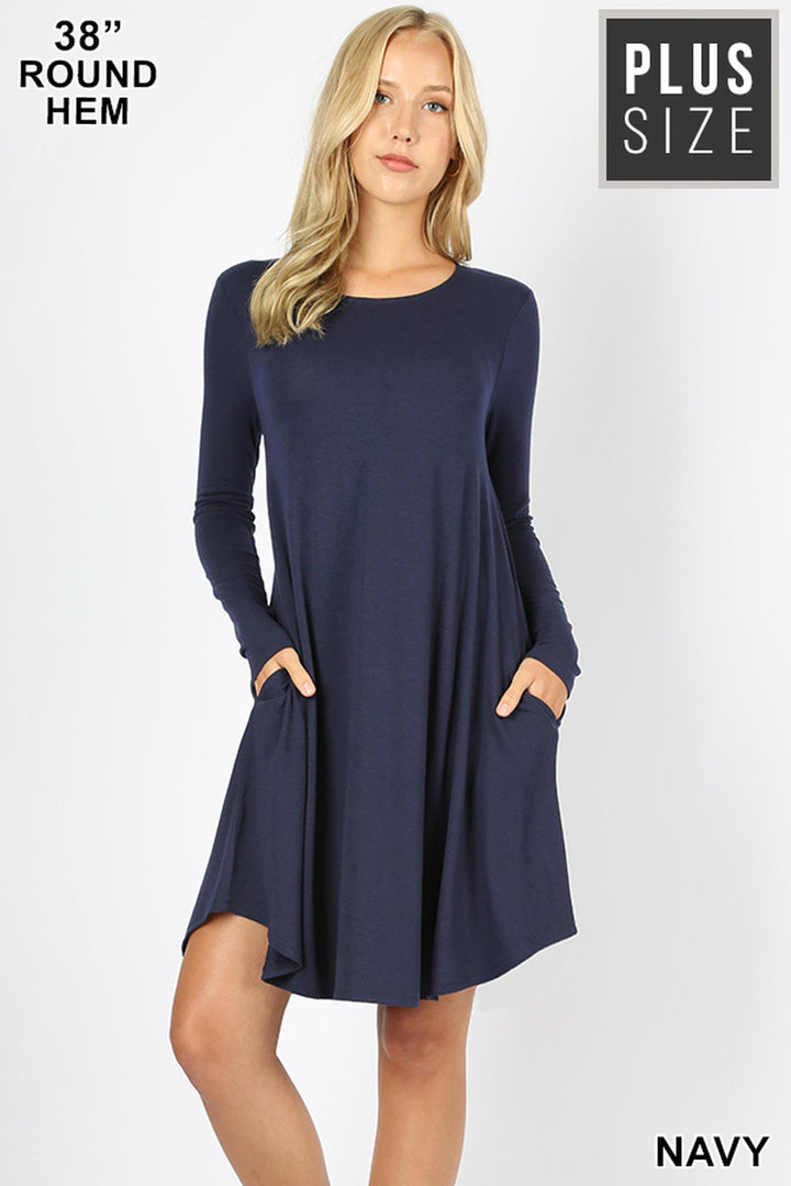 Premium Long Sleeve A-Line Round Hem Plus Size Rayon Tunic with Pockets