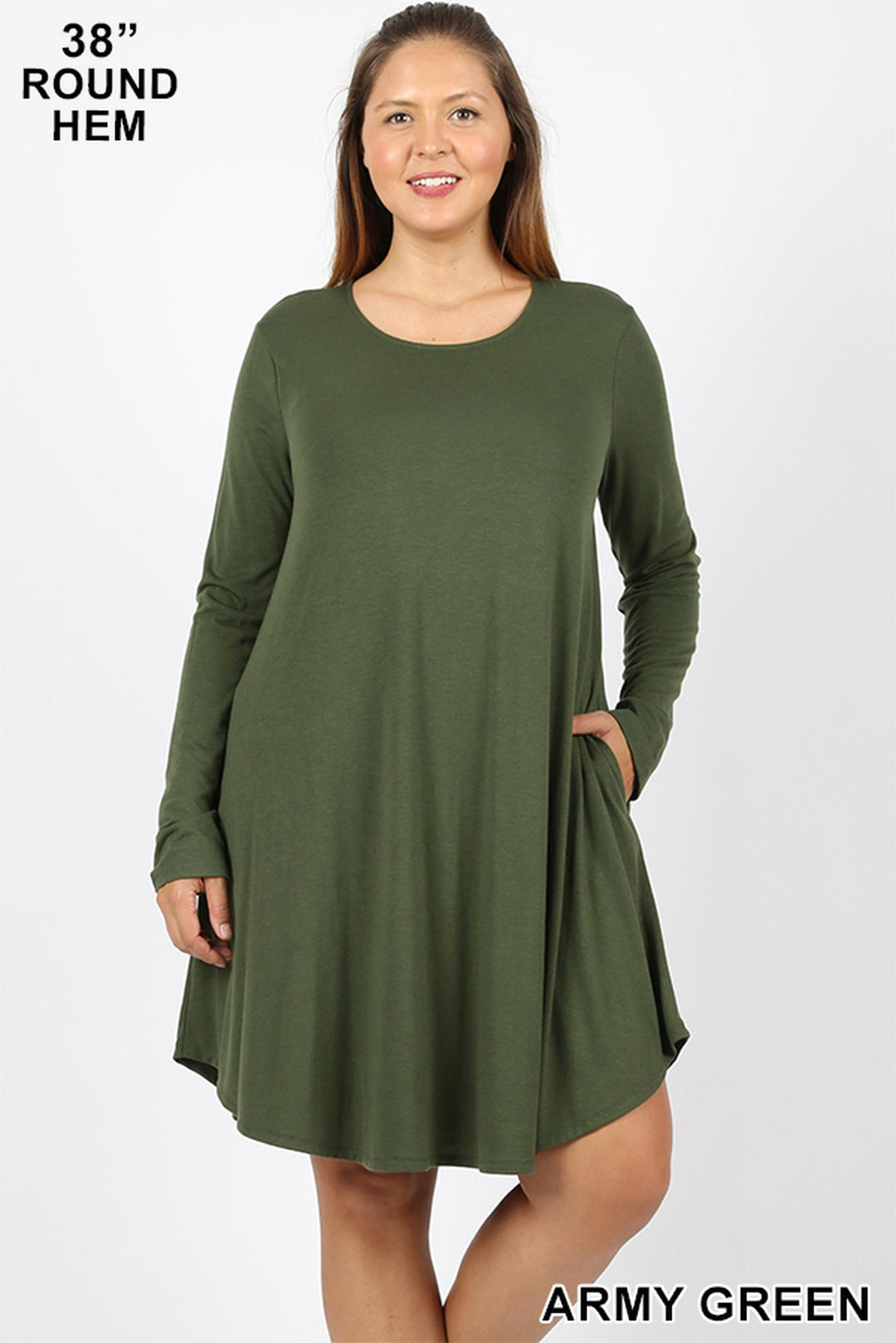 Premium Long Sleeve A-Line Round Hem Plus Size Rayon Tunic with Pockets