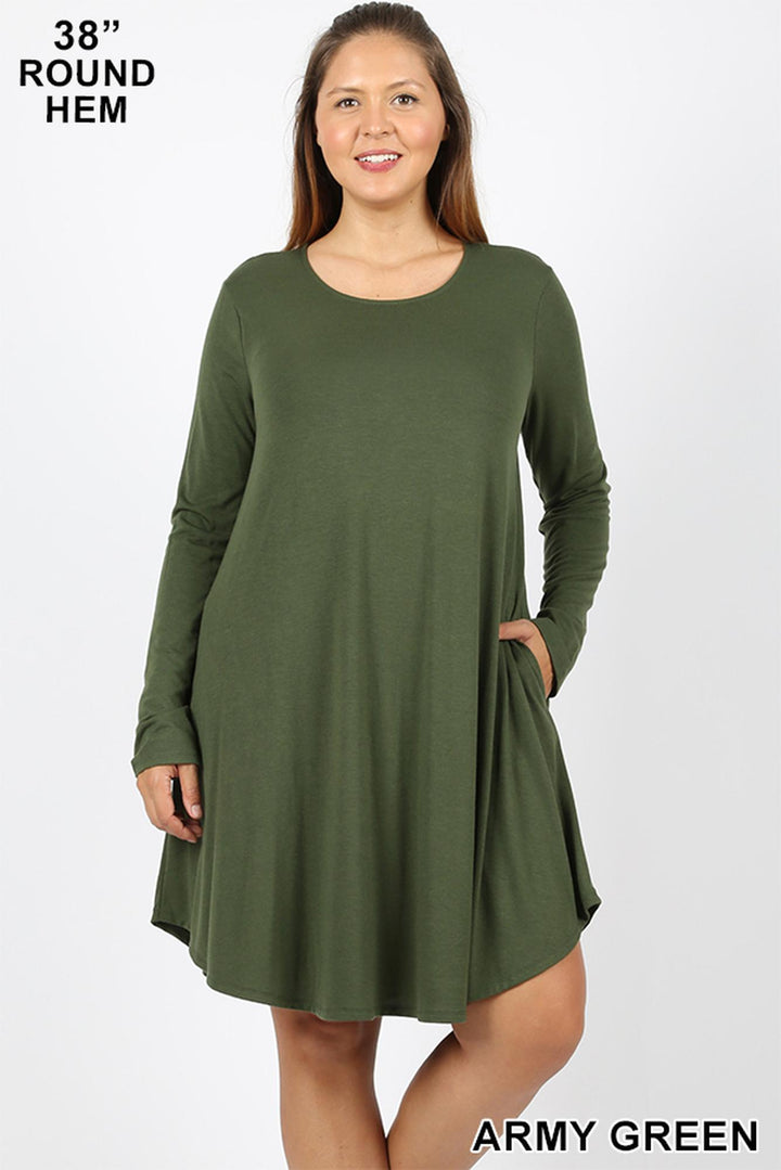 Premium Long Sleeve A-Line Round Hem Plus Size Rayon Tunic with Pockets