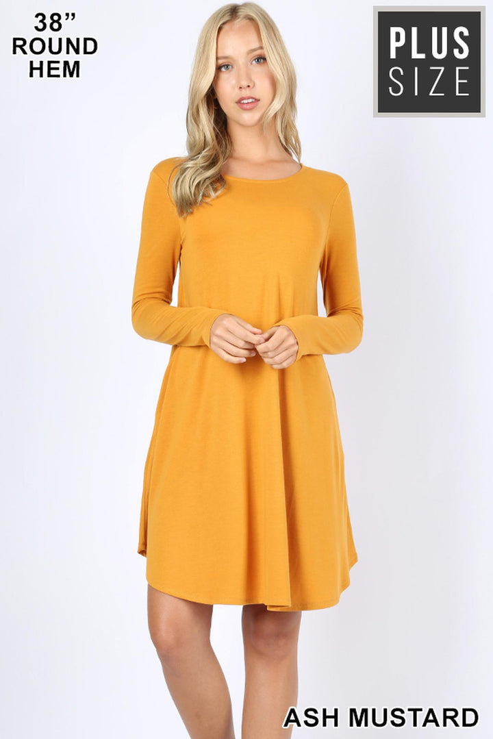 Premium Long Sleeve A-Line Round Hem Plus Size Rayon Tunic with Pockets