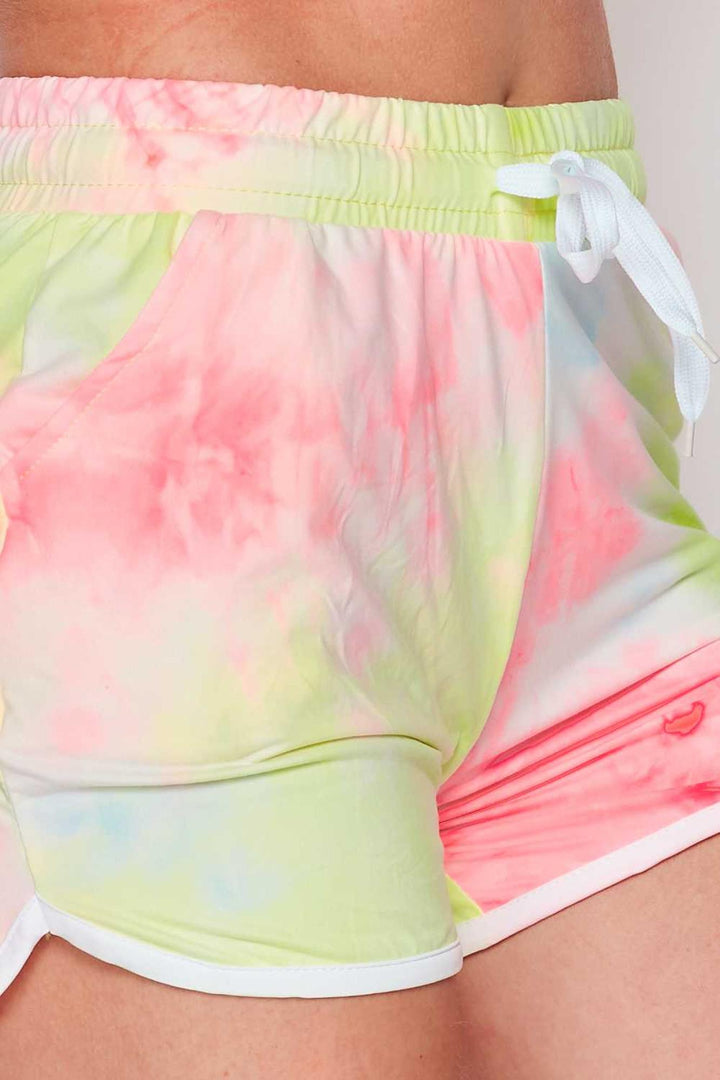 Buttery Soft Pink and Yellow Tie Dye Drawstring Waist Dolphin Shorts with Pockets