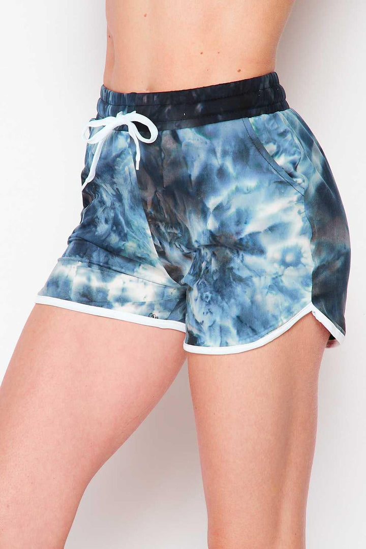 Buttery Soft Navy Tie Dye Drawstring Waist Dolphin Shorts with Pockets