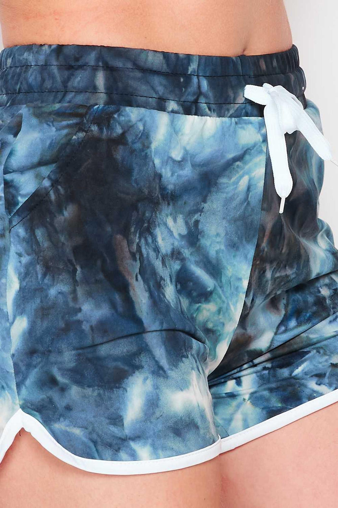 Buttery Soft Navy Tie Dye Drawstring Waist Dolphin Shorts with Pockets