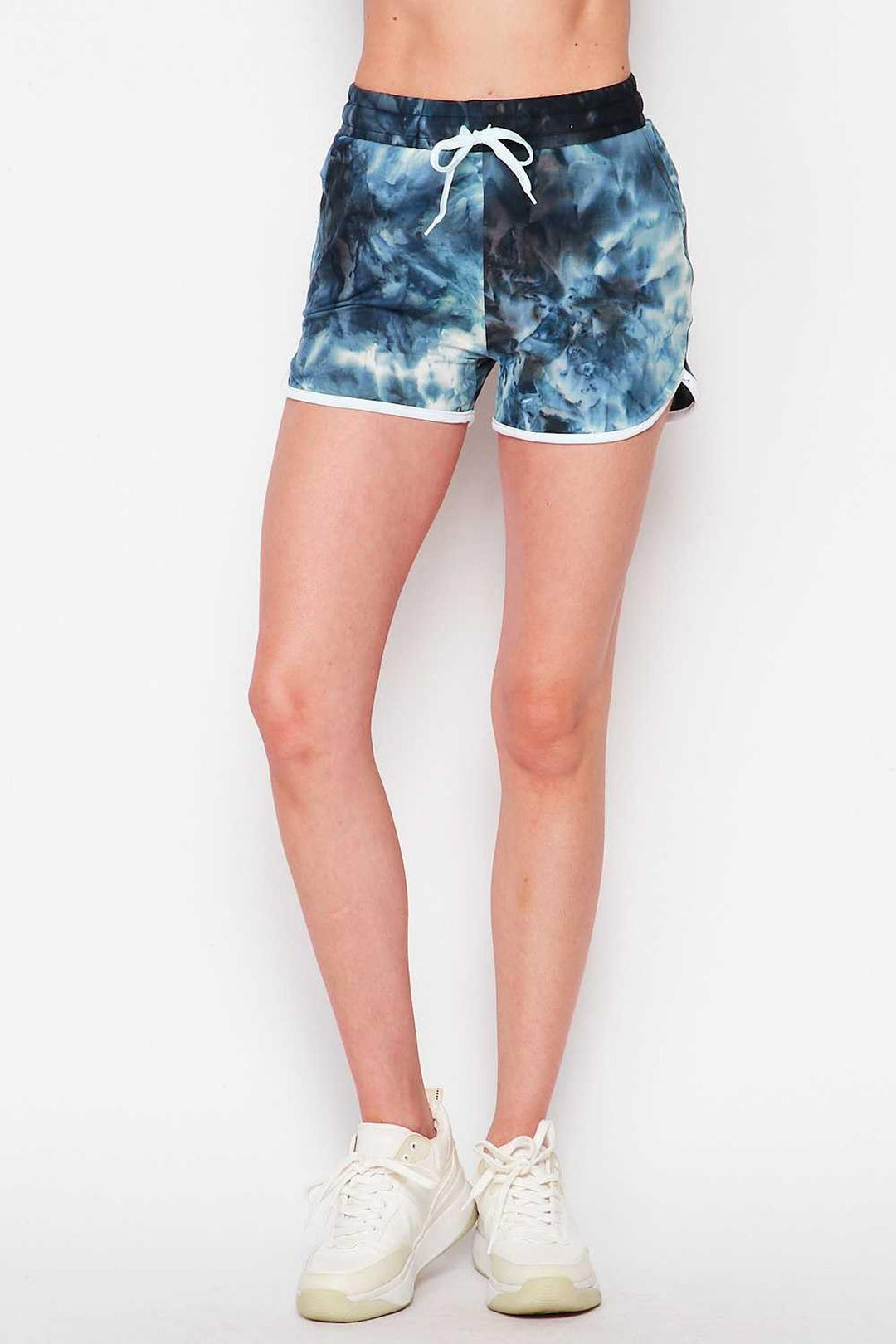 Buttery Soft Navy Tie Dye Drawstring Waist Dolphin Shorts with Pockets