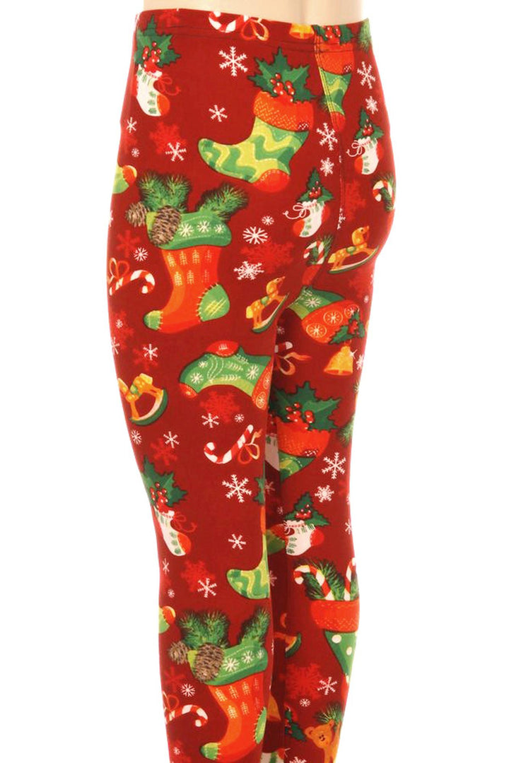 Buttery Soft Ruby Red Christmas Stocking Kids Leggings