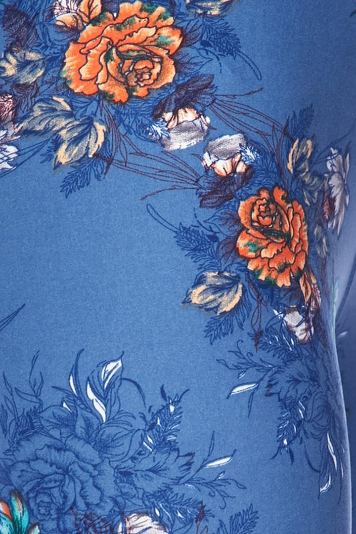 Buttery Soft Denim Blue Floral Rose Kids Leggings