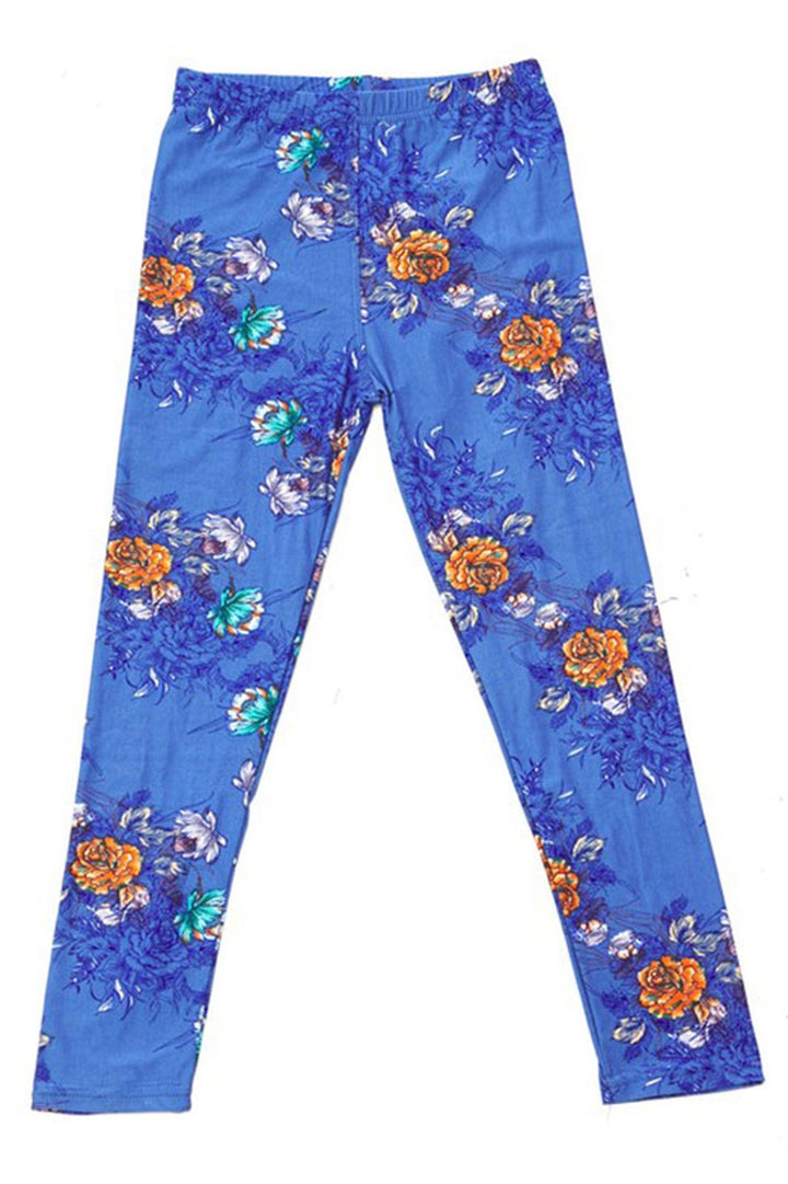 Buttery Soft Denim Blue Floral Rose Kids Leggings