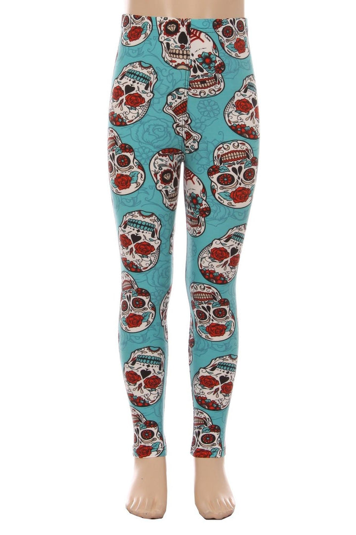 Buttery Soft Teal Sugar Skull Kid's Leggings