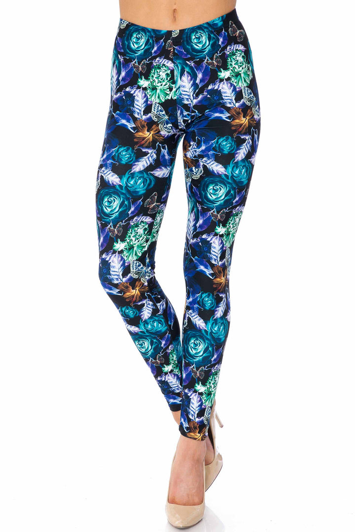 Creamy Soft Electric Blue Floral Butterfly Kids Leggings - USA Fashion