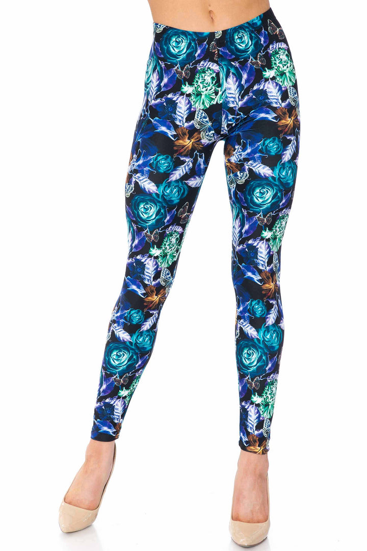 Creamy Soft Electric Blue Floral Butterfly Kids Leggings - USA Fashion