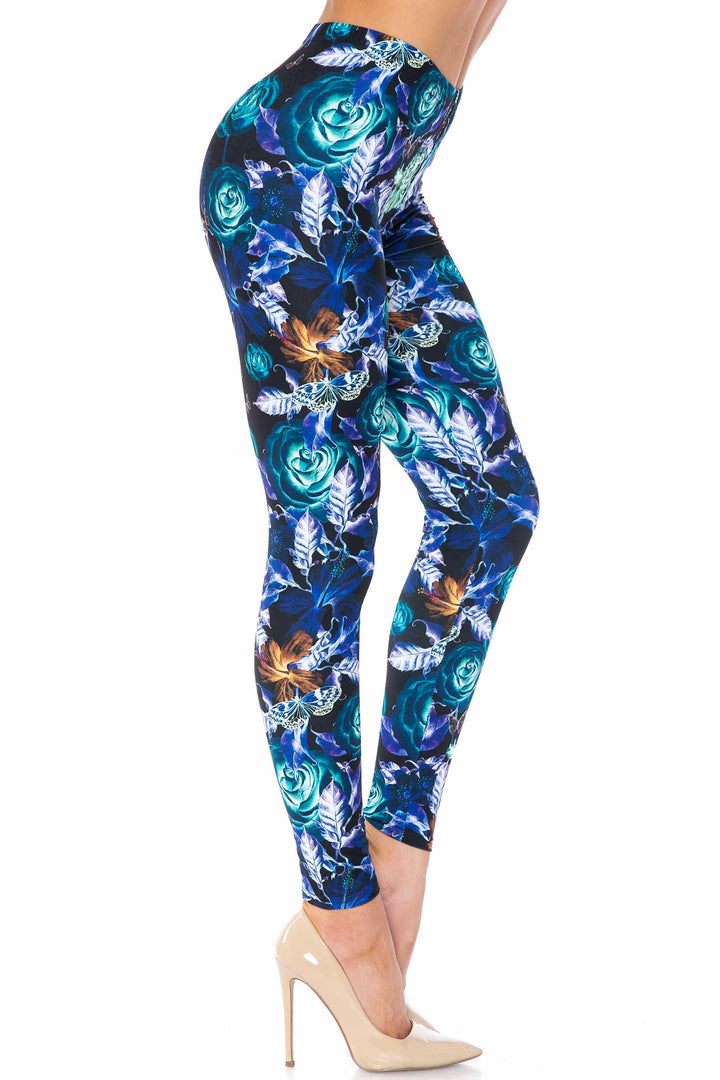 Creamy Soft Electric Blue Floral Butterfly Kids Leggings - USA Fashion