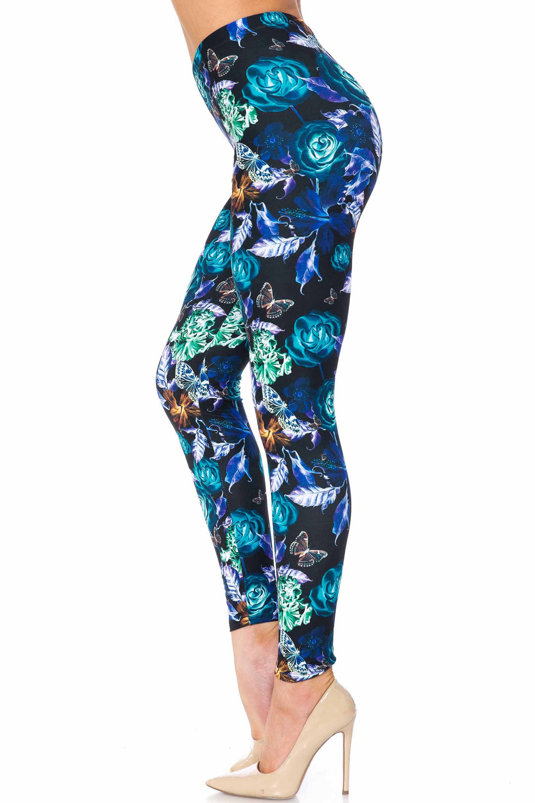 Creamy Soft Electric Blue Floral Butterfly Kids Leggings - USA Fashion