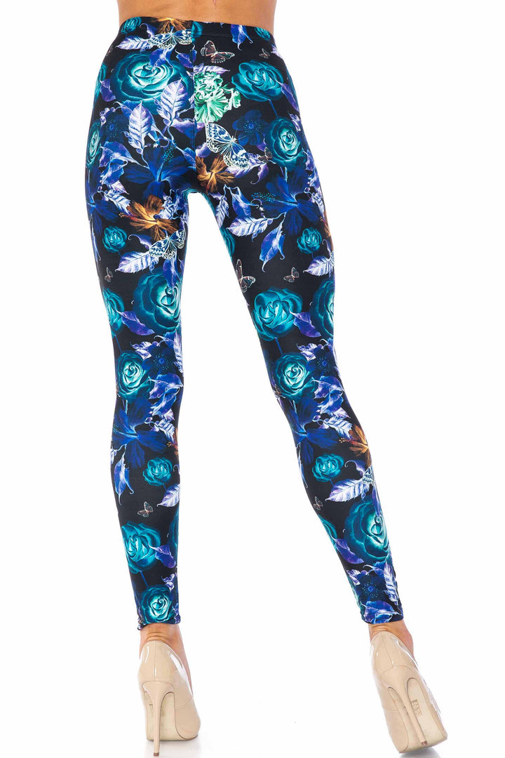 Creamy Soft Electric Blue Floral Butterfly Kids Leggings - USA Fashion