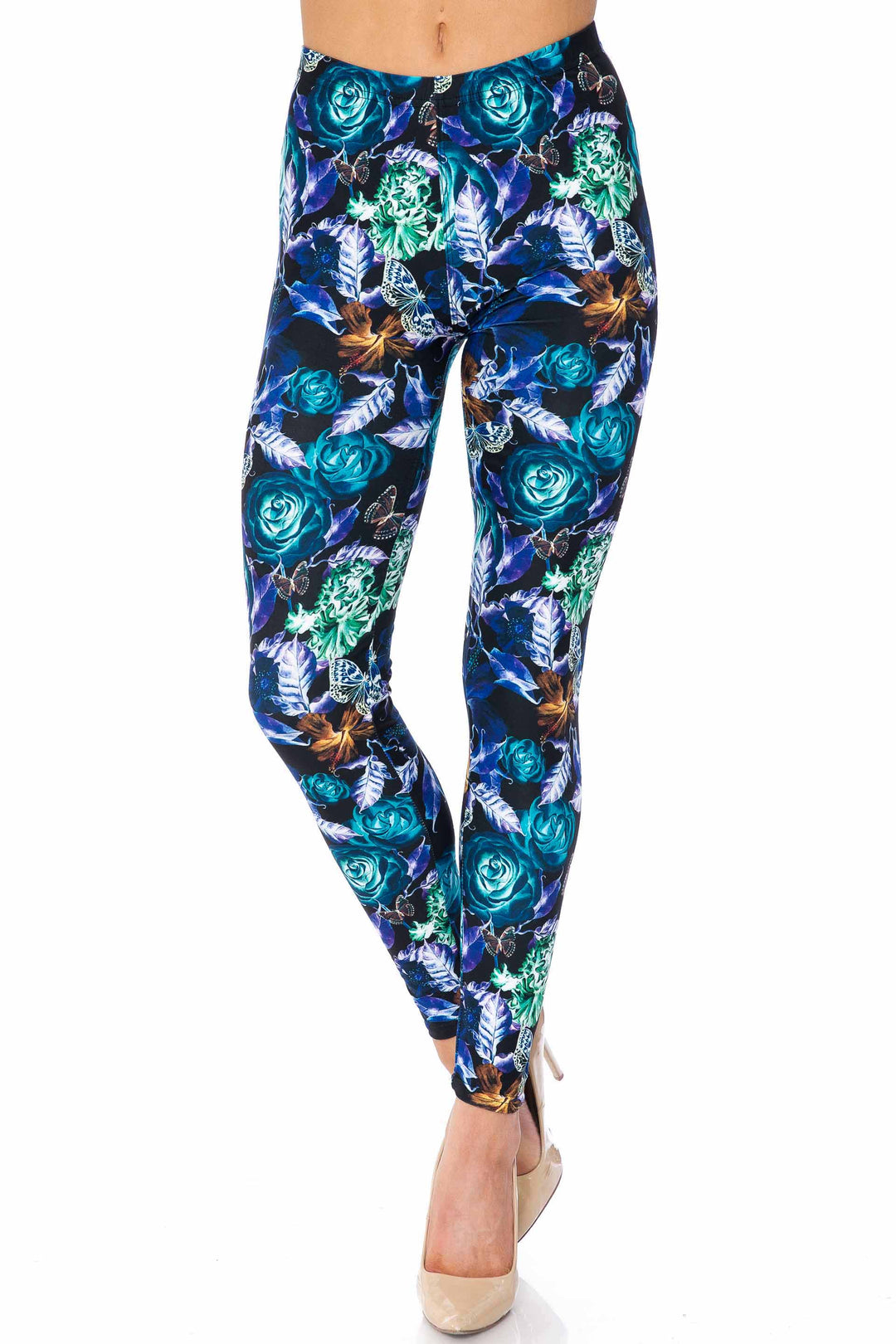 Creamy Soft Electric Blue Floral Butterfly Kids Leggings - USA Fashion