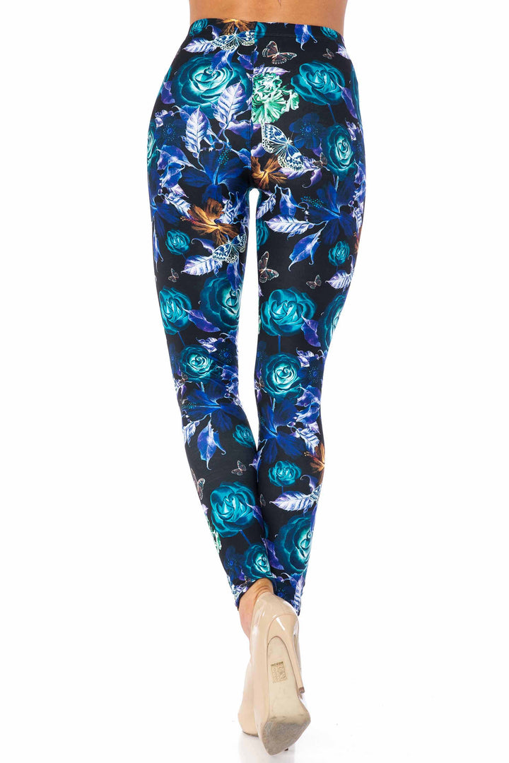 Creamy Soft Electric Blue Floral Butterfly Kids Leggings - USA Fashion