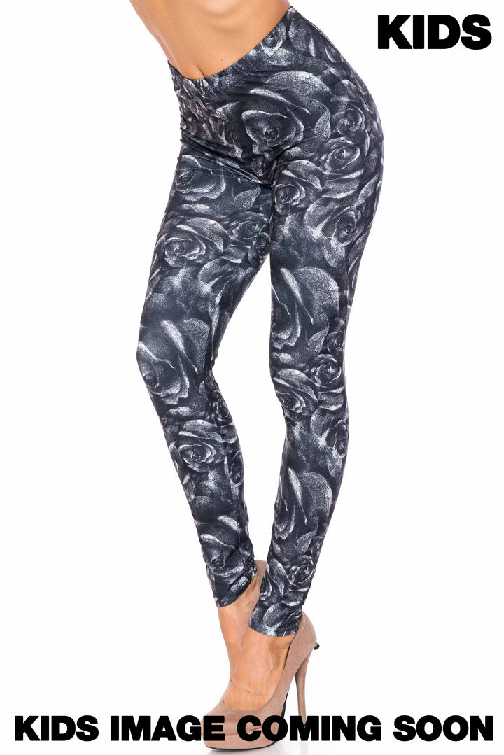 Creamy Soft Monochrome Rose Floral Kids Leggings - USA Fashion
