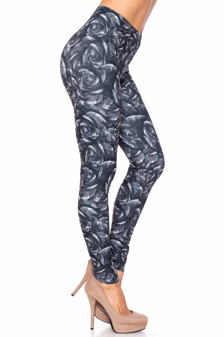 Creamy Soft Monochrome Rose Floral Kids Leggings - USA Fashion