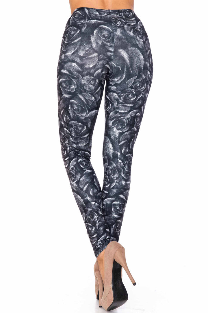 Creamy Soft Monochrome Rose Floral Kids Leggings - USA Fashion