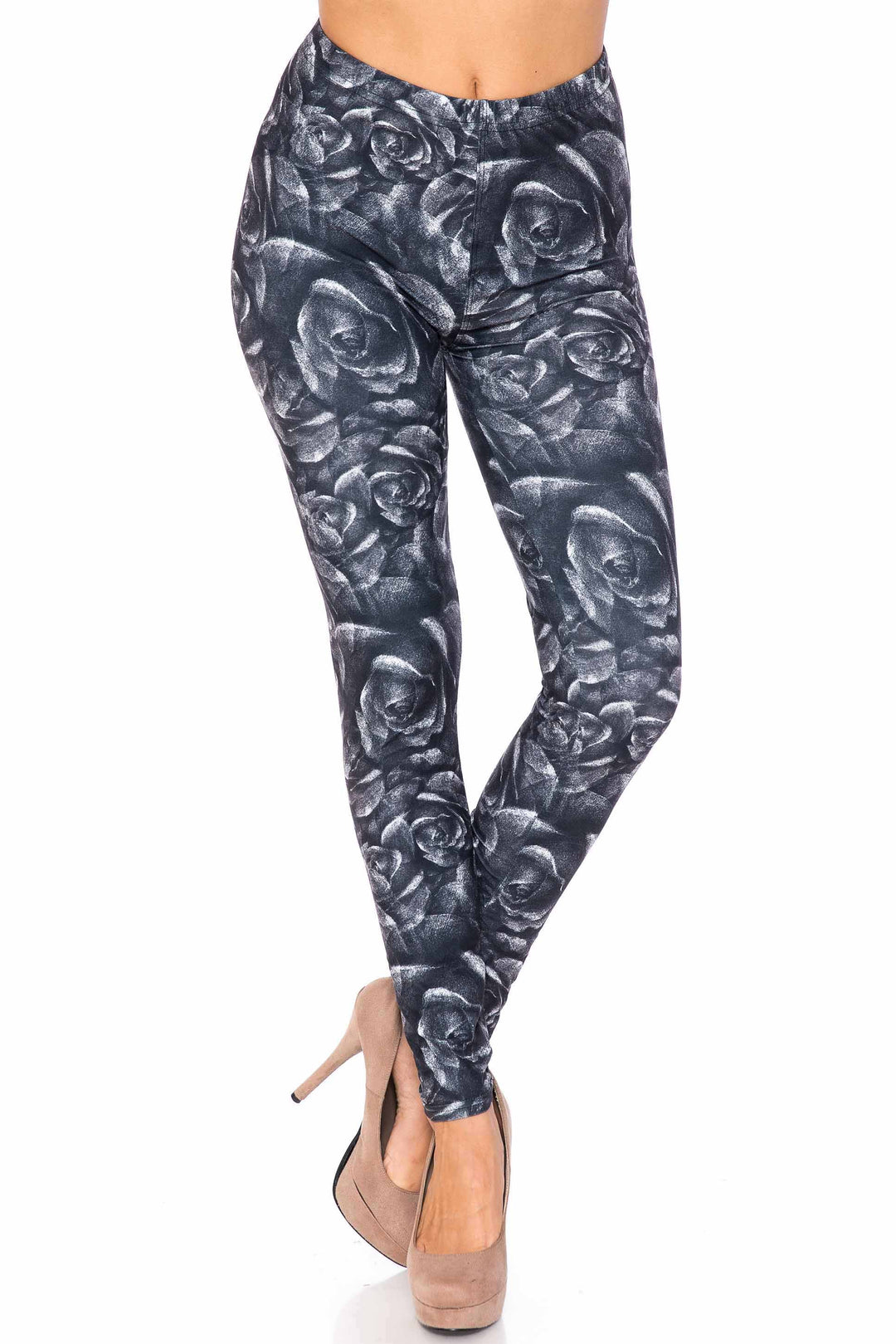 Creamy Soft Monochrome Rose Floral Kids Leggings - USA Fashion