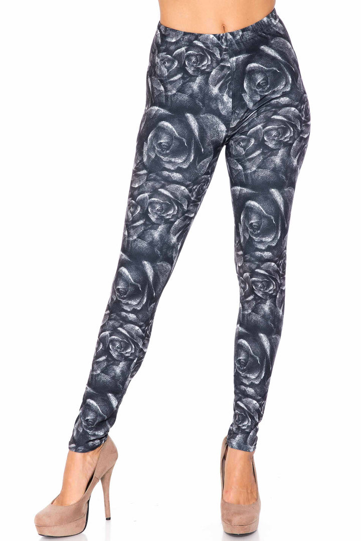 Creamy Soft Monochrome Rose Floral Kids Leggings - USA Fashion