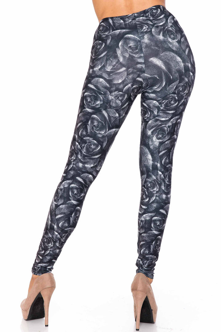Creamy Soft Monochrome Rose Floral Kids Leggings - USA Fashion