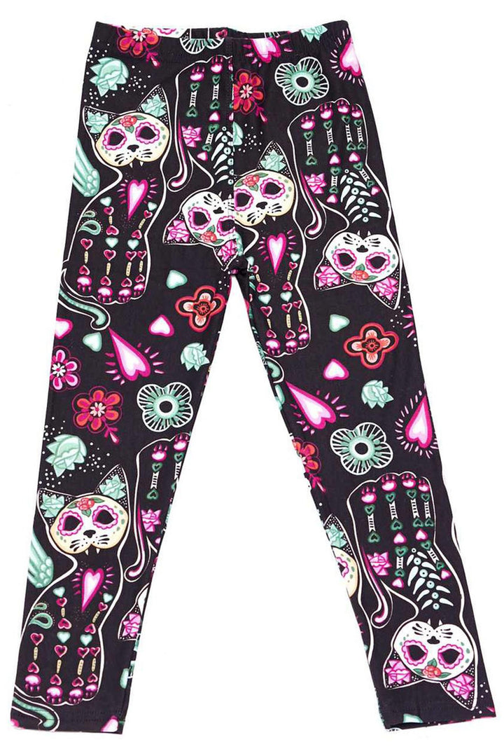 Creamy Soft Sugar Skull Kitty Cats Kids Leggings - USA Fashion