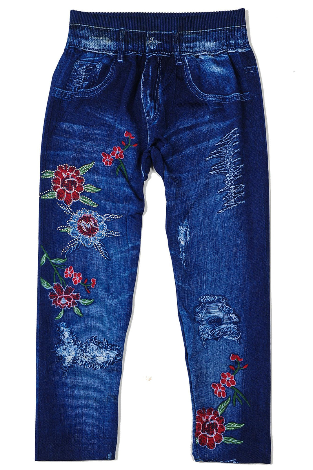 Buttery Soft Shredded Floral Faux Denim Kids Leggings