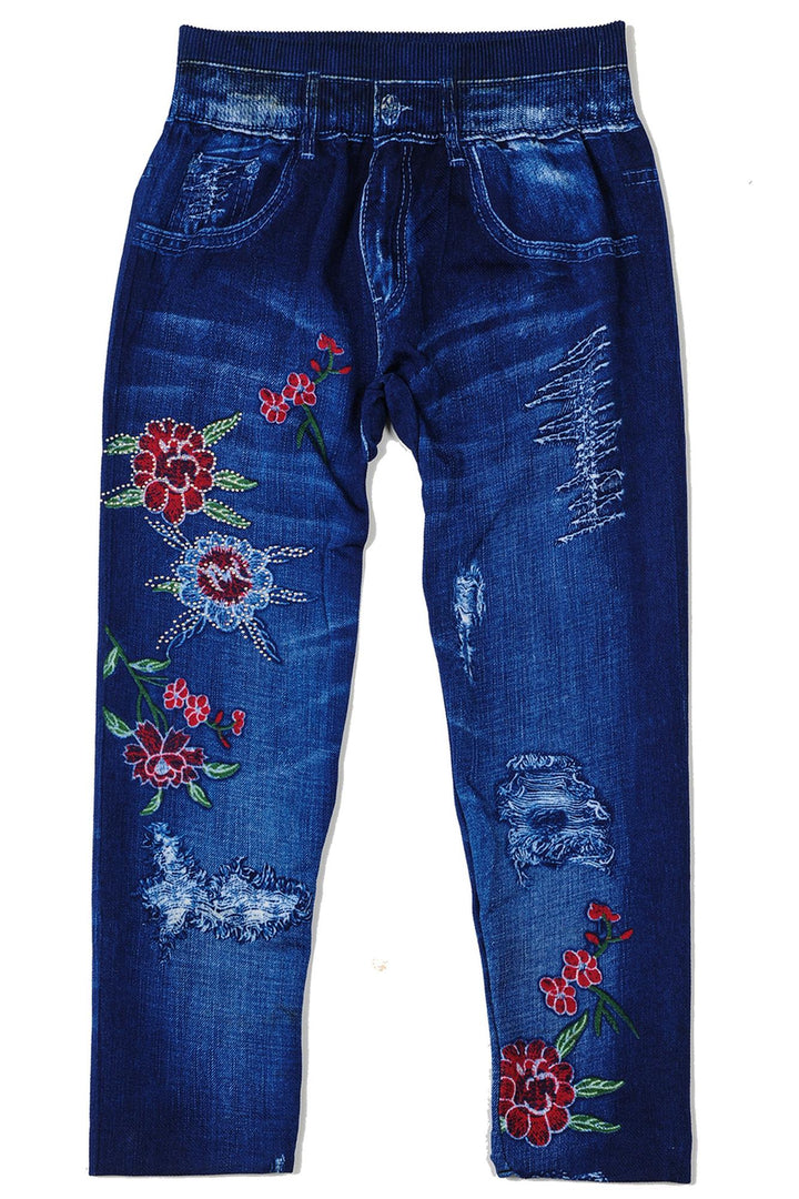 Buttery Soft Shredded Floral Faux Denim Kids Leggings