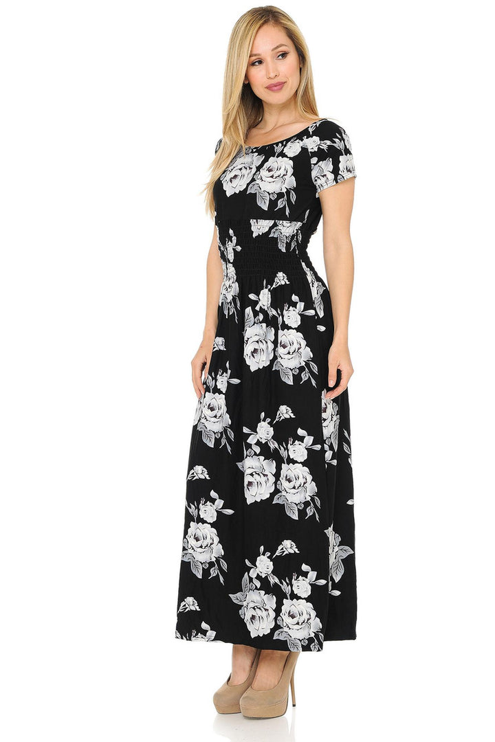 Buttery Soft Short Sleeve White Rose Maxi Dress