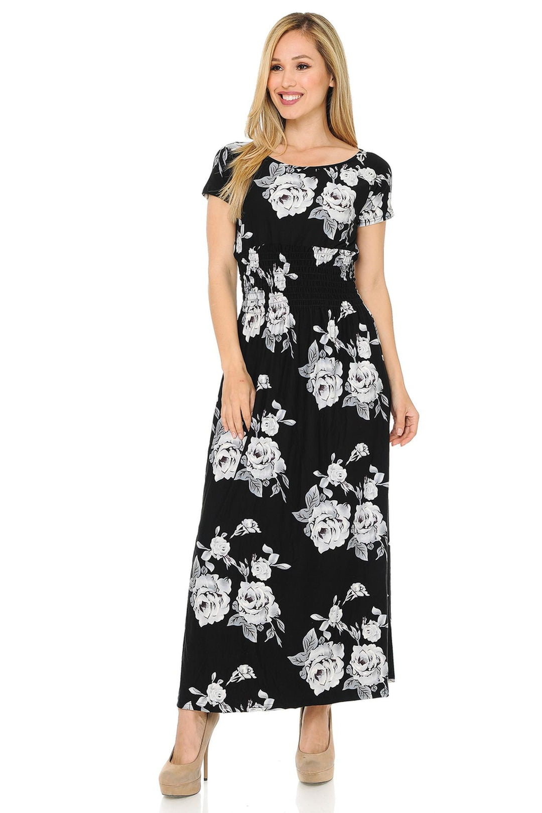 Buttery Soft Short Sleeve White Rose Maxi Dress
