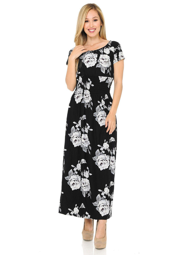 Buttery Soft Short Sleeve White Rose Maxi Dress