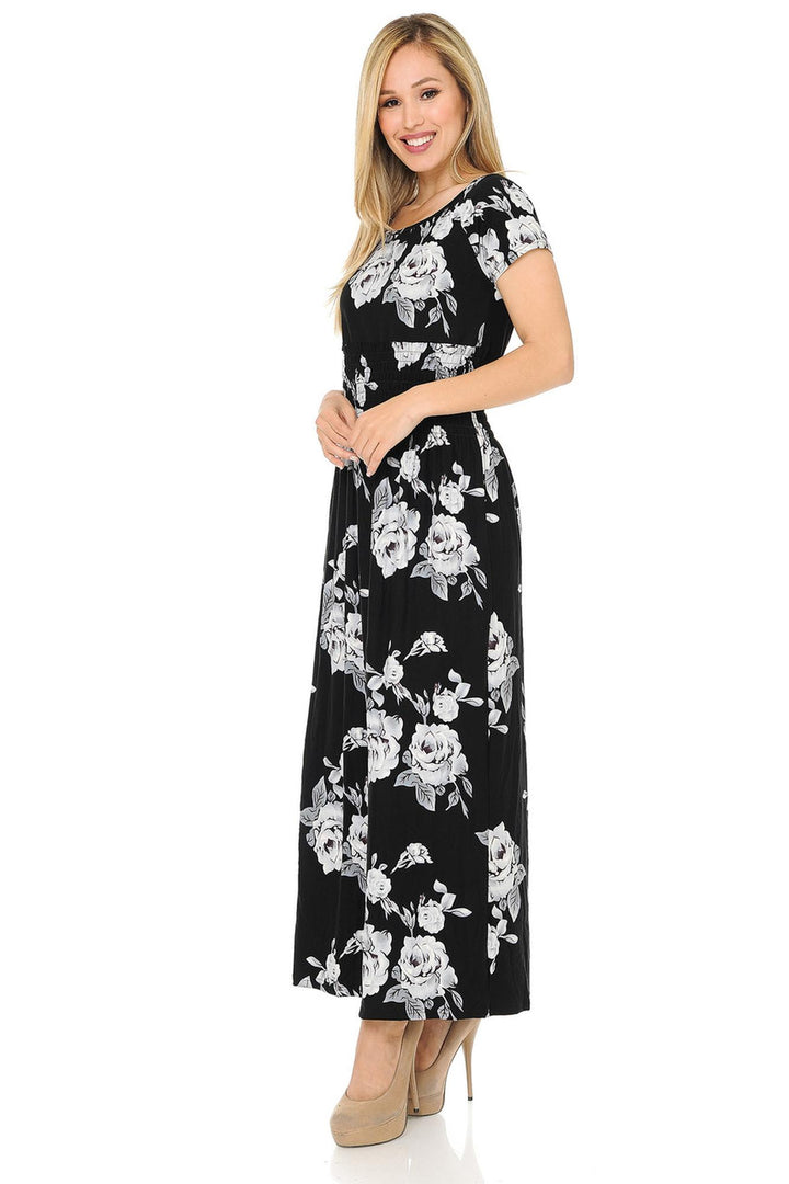 Buttery Soft Short Sleeve White Rose Maxi Dress