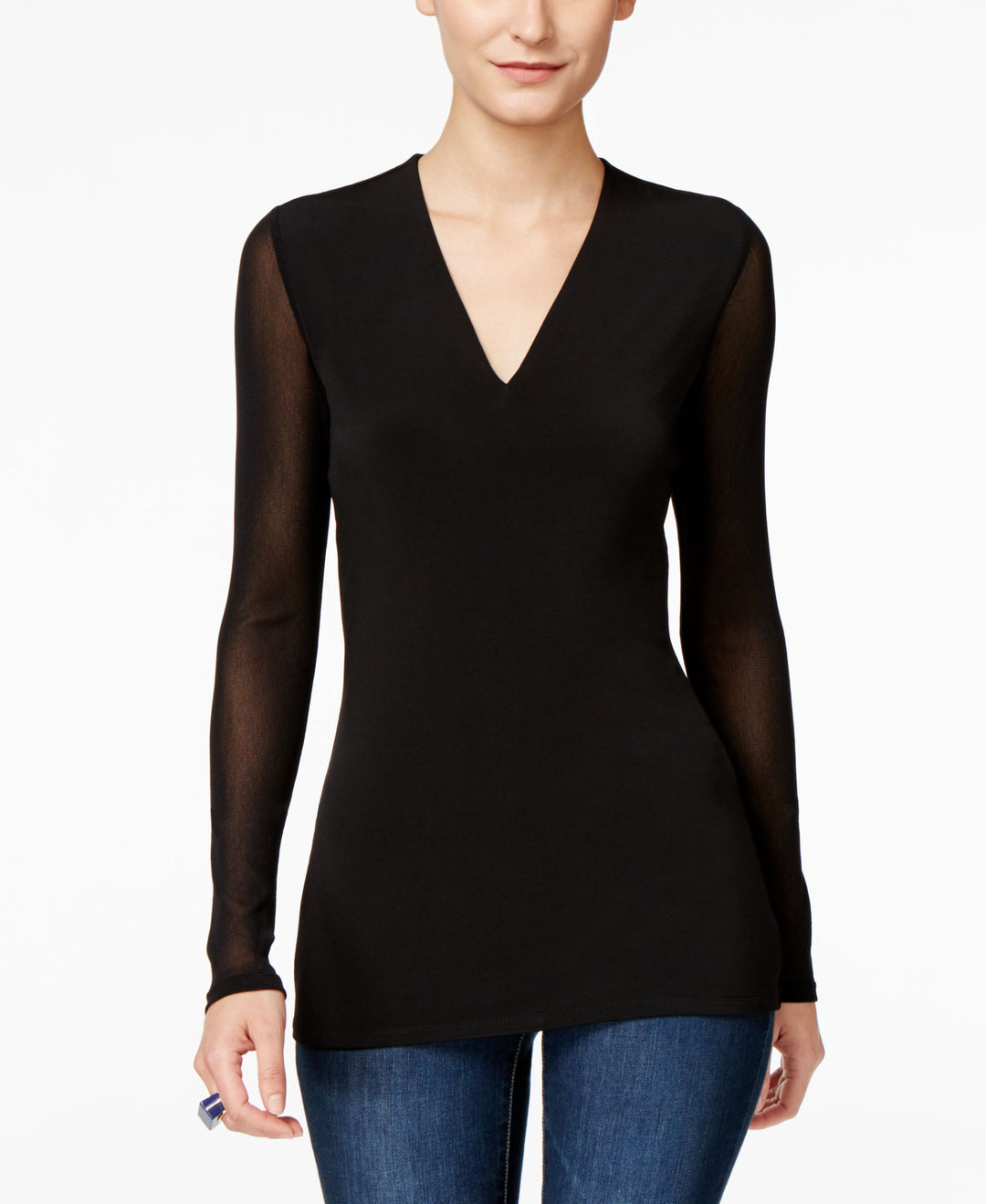 Petite Illusion Sleeve V Neck Blouse