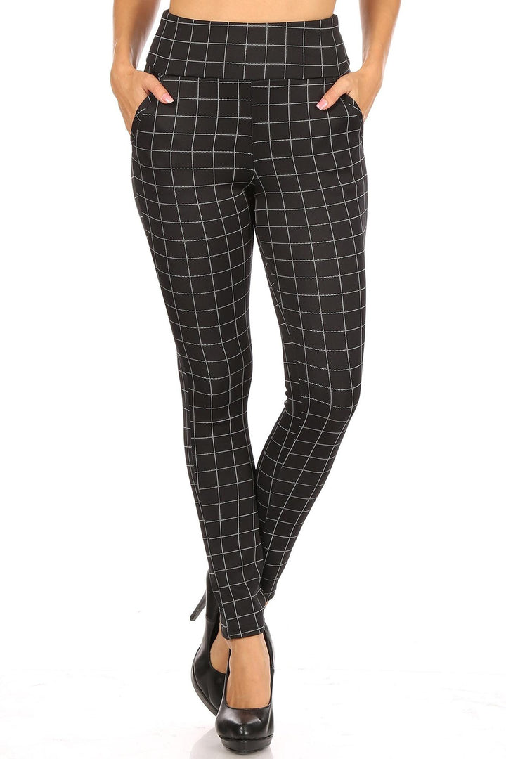 Black and White Grid Print High Waisted Body Sculpting Treggings with Pockets