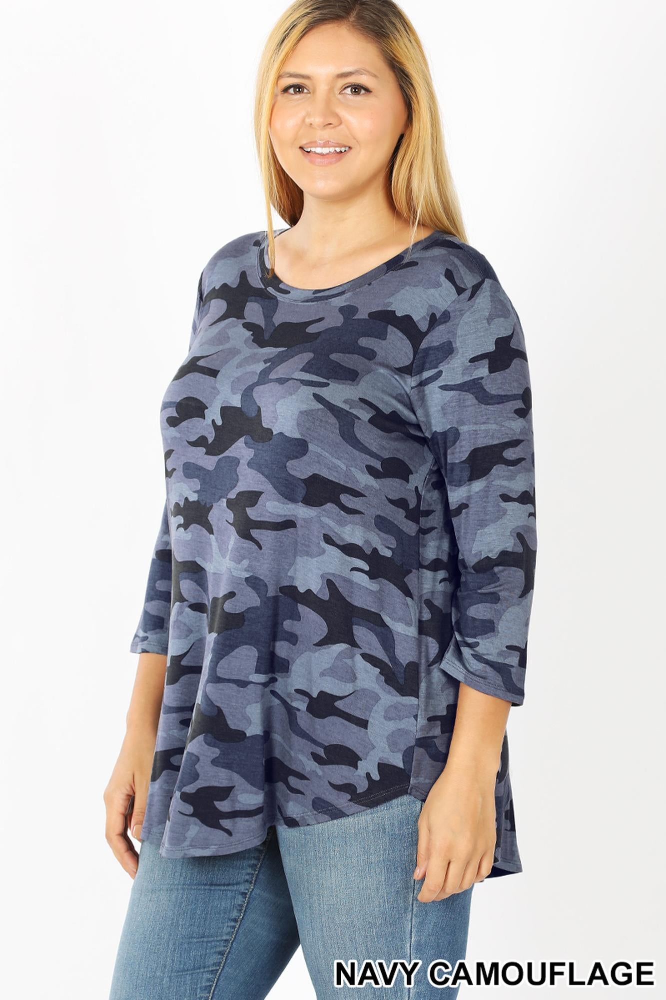 Rayon Camouflage 3/4 Sleeve Round Neck & Hem Plus Size Top