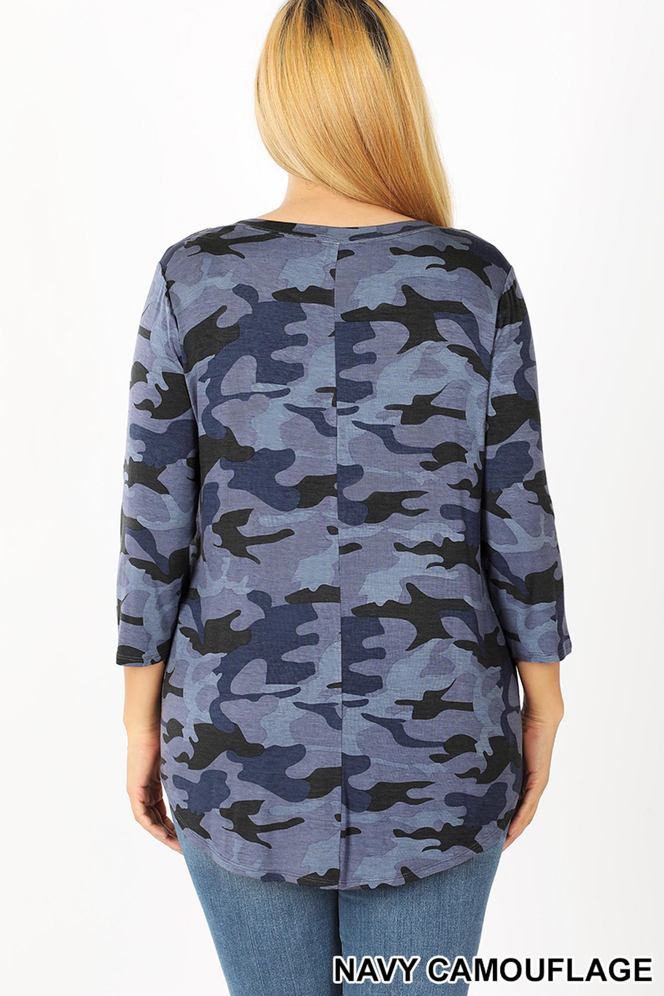 Rayon Camouflage 3/4 Sleeve Round Neck & Hem Plus Size Top