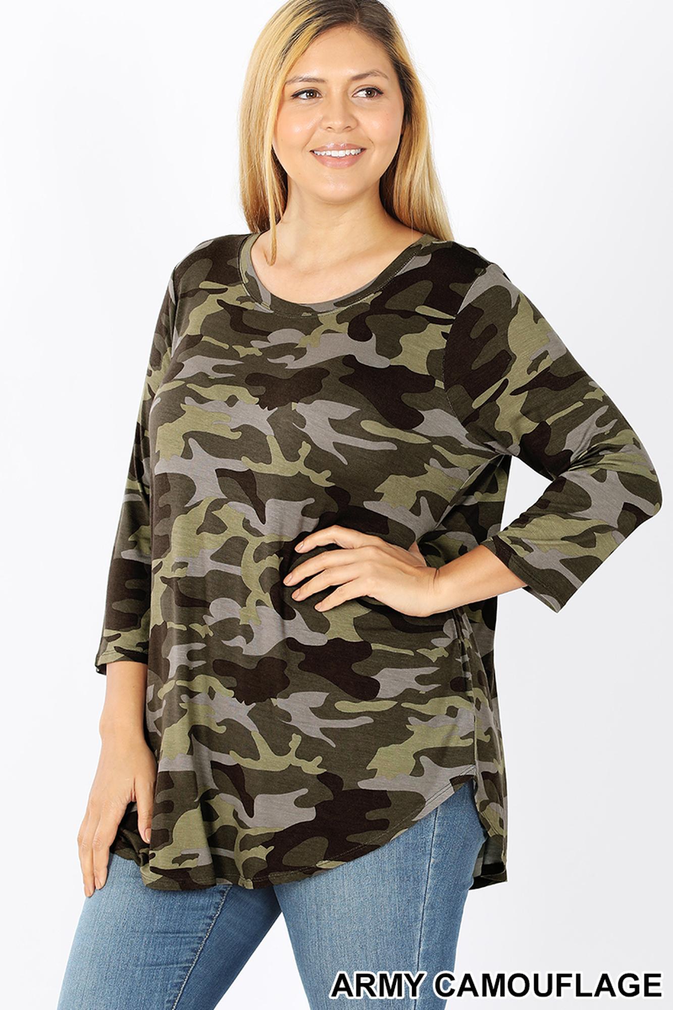 Rayon Camouflage 3/4 Sleeve Round Neck & Hem Plus Size Top