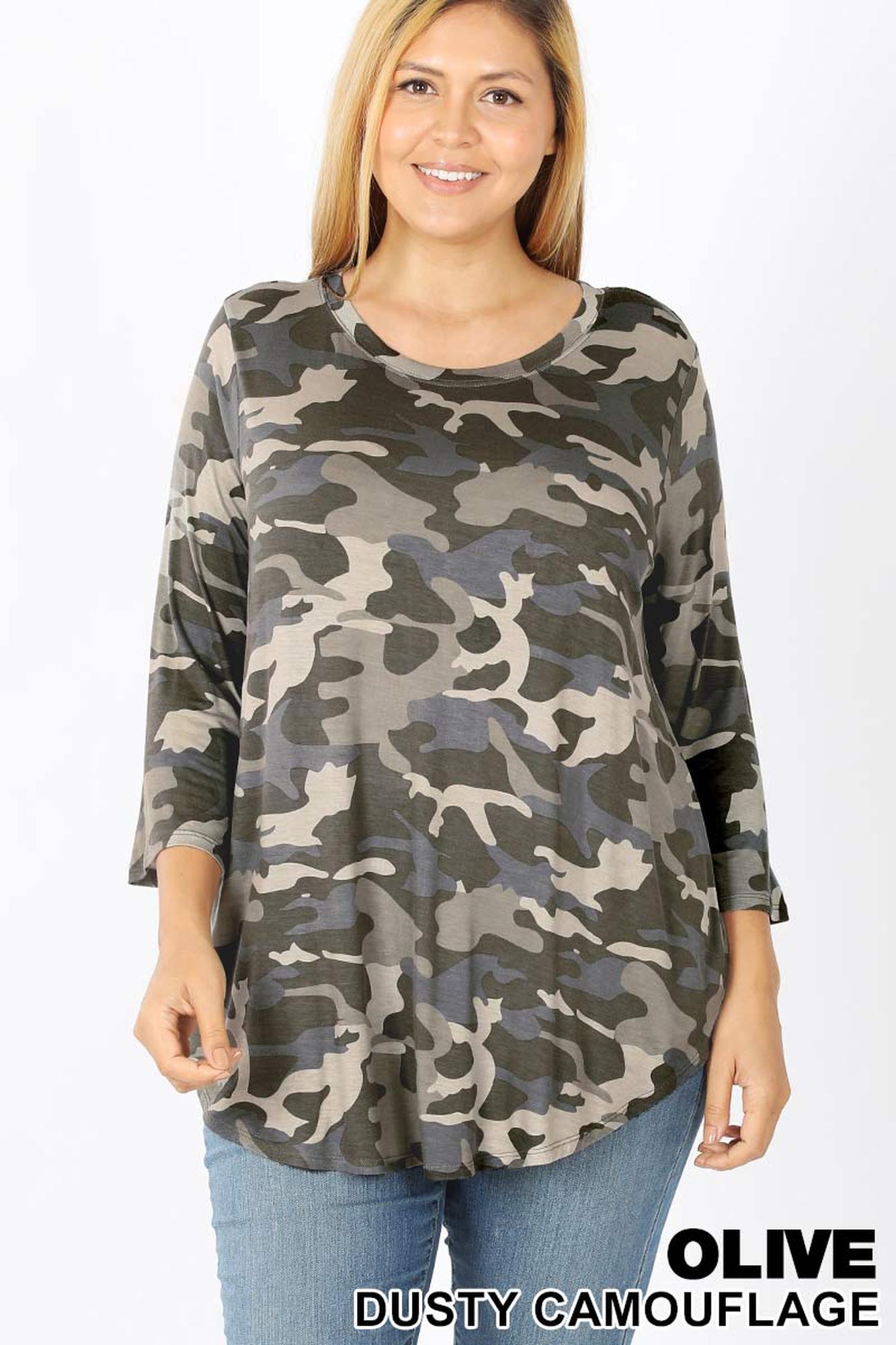 Rayon Camouflage 3/4 Sleeve Round Neck & Hem Plus Size Top