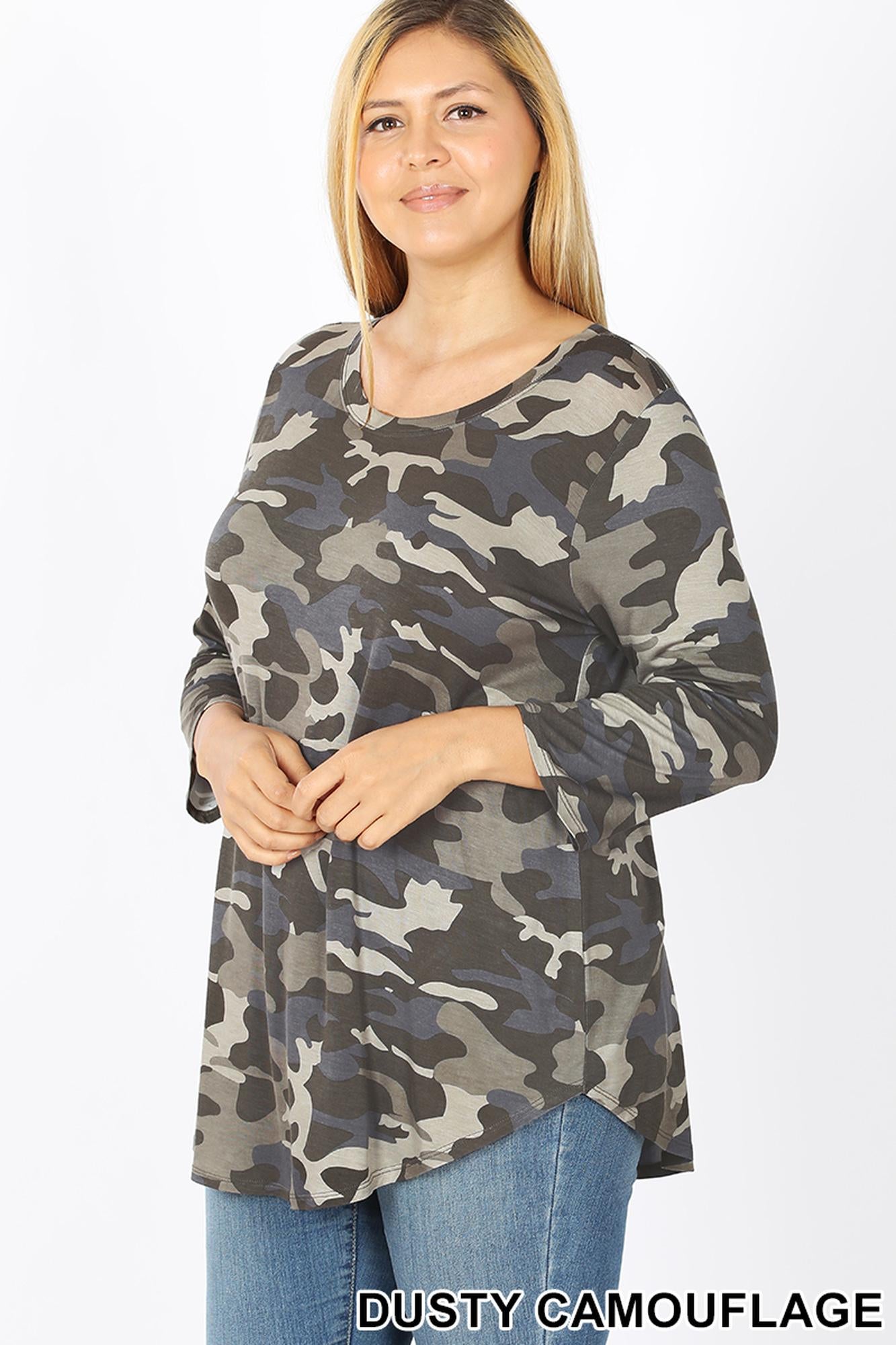 Rayon Camouflage 3/4 Sleeve Round Neck & Hem Plus Size Top