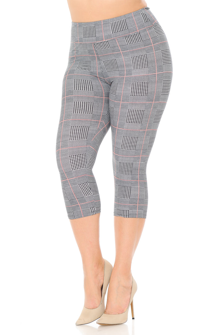 Buttery Smooth Coral Accent Textured Houndstooth High Waist Plus Size Capris - 3 Inch