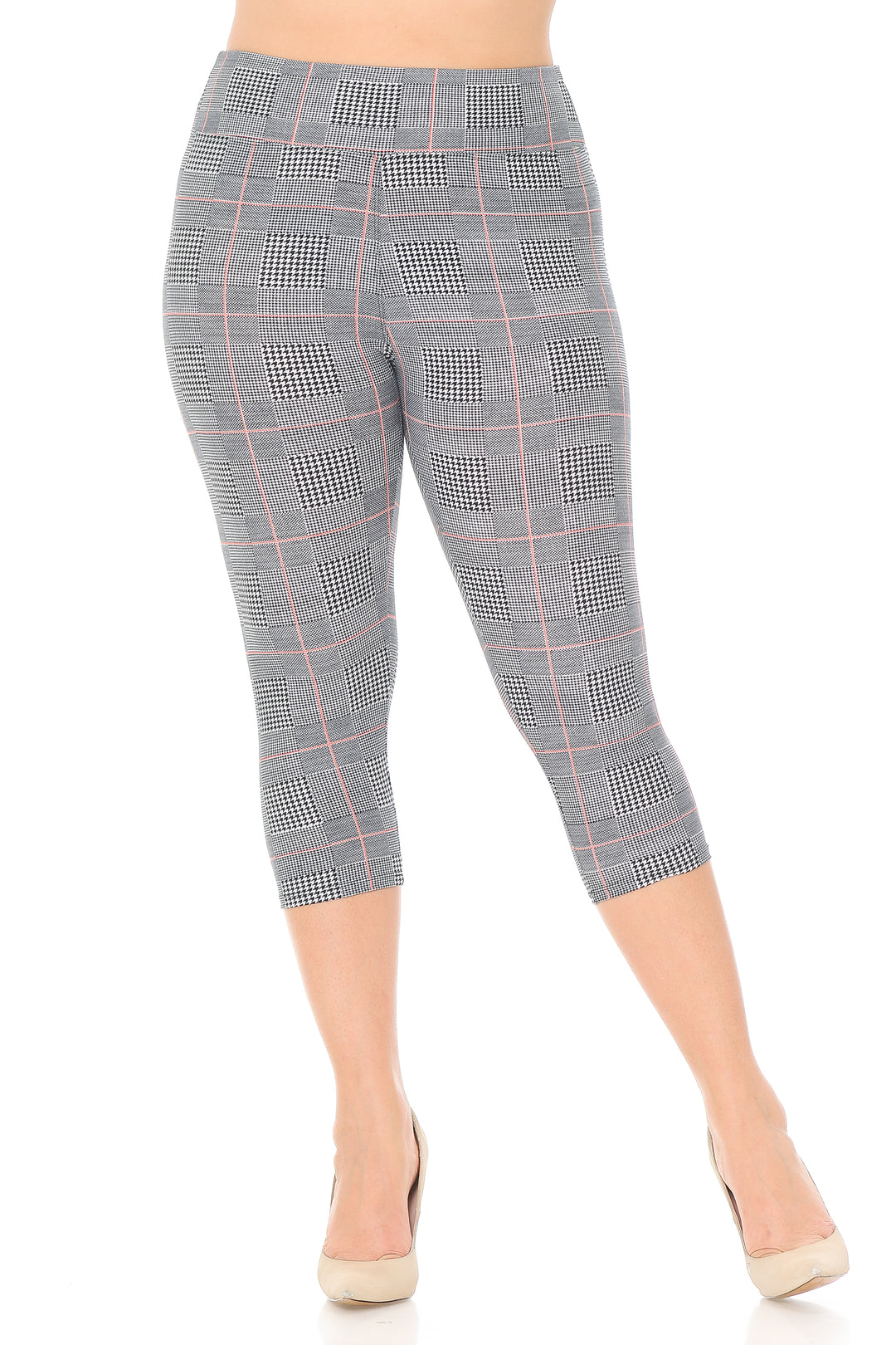 Buttery Smooth Coral Accent Textured Houndstooth High Waist Plus Size Capris - 3 Inch