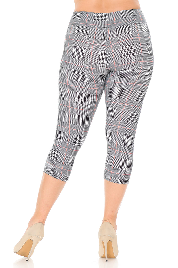 Buttery Smooth Coral Accent Textured Houndstooth High Waist Plus Size Capris - 3 Inch