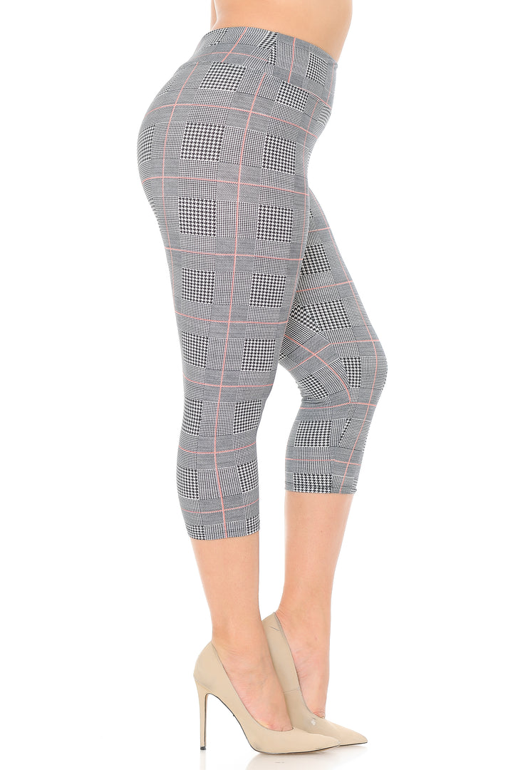 Buttery Smooth Coral Accent Textured Houndstooth High Waist Plus Size Capris - 3 Inch