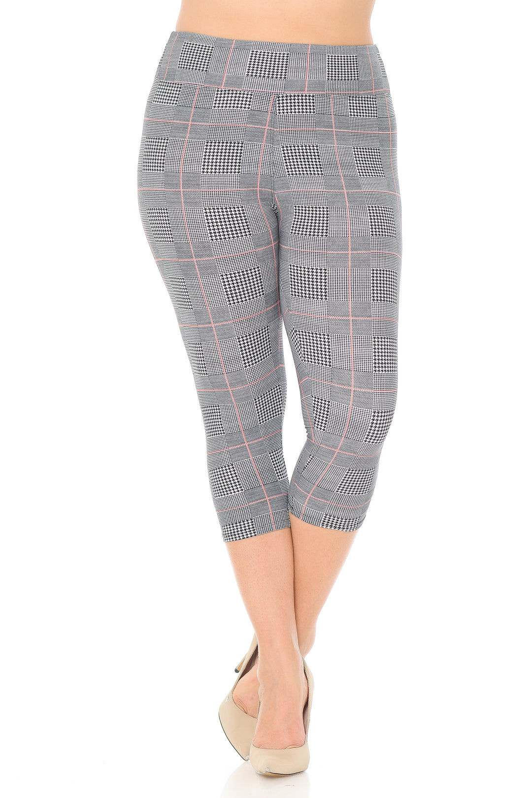 Buttery Smooth Coral Accent Textured Houndstooth High Waist Plus Size Capris - 3 Inch