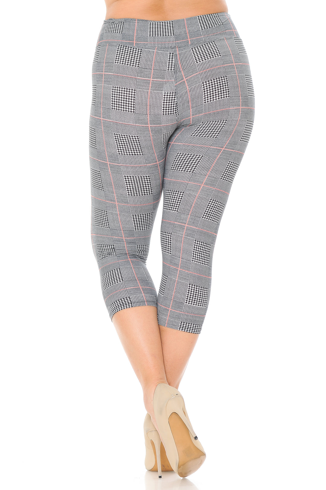 Buttery Smooth Coral Accent Textured Houndstooth High Waist Plus Size Capris - 3 Inch