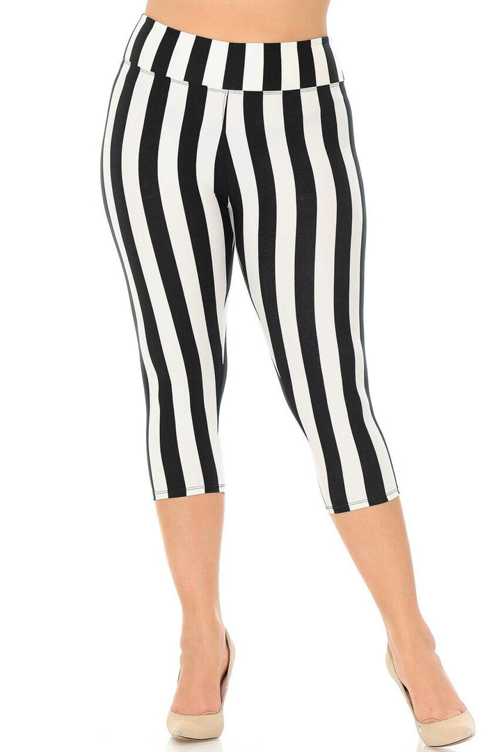 Buttery Smooth Vertical Wide Stripe High Waisted Plus Size Capris - 3 Inches