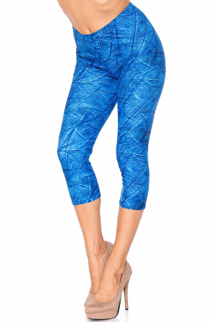 Creamy Soft Blue Wrinkled Denim Plus Size Capris - USA Fashion