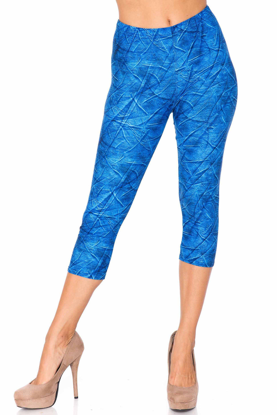 Creamy Soft Blue Wrinkled Denim Plus Size Capris - USA Fashion