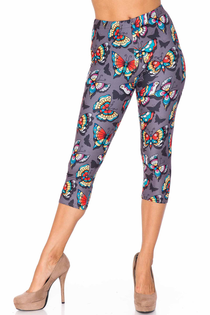 Creamy Soft Jewel Tone Butterfly Plus Size Capris - USA Fashion