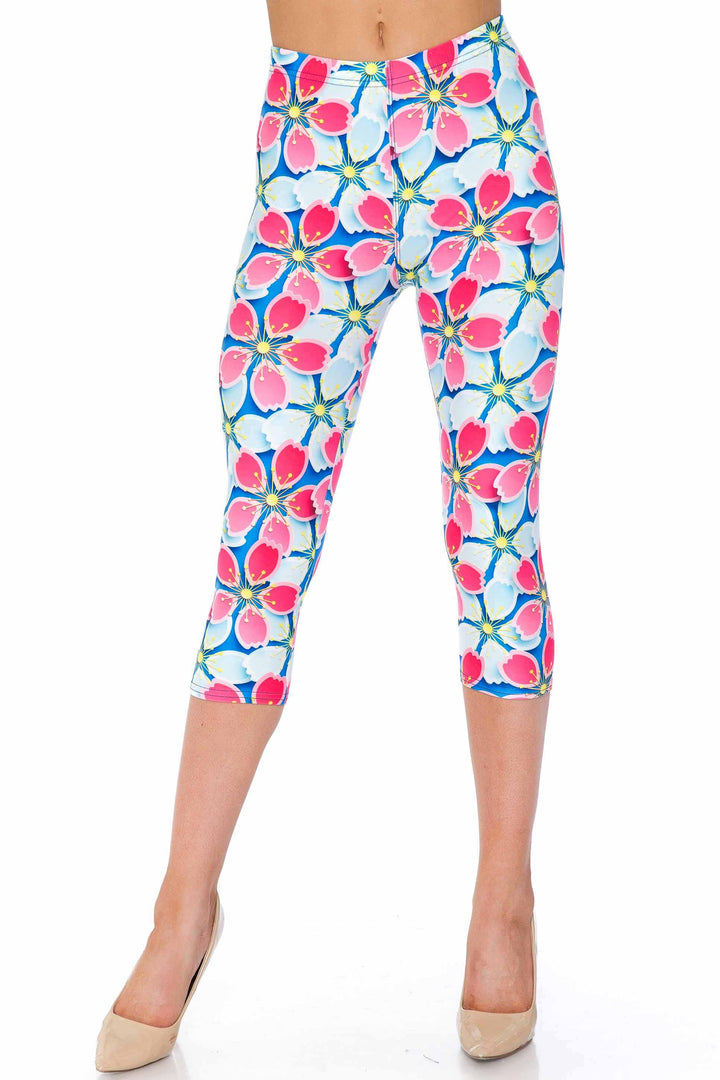 Creamy Soft Pink and Blue Sunshine Floral Plus Size Capris - USA Fashion